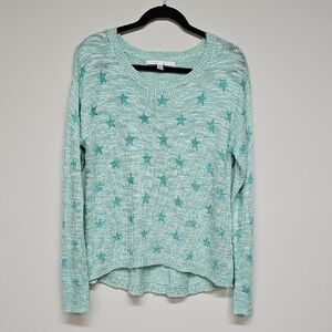 LC Lauren Conrad Stars Knit Sweater, Light Green Aqua, Size Large
